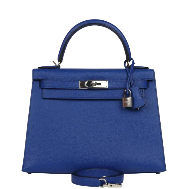 Pre-owned Hermes Kelly Sellier 28 Bleu Royal Verso Epsom Palladium Hardware