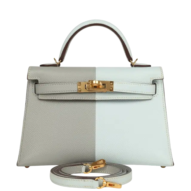 hermes Hermes Special Order (HSS) Kelly Sellier 20 Casaque Bleu Brume and Bleu Glacier Epsom Brushed Gold Hardware