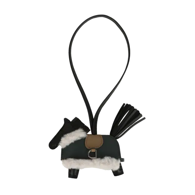 hermes Hermes Rodeo Robeo Plush Charm PM Black, Beige Marfa, Vert Mangrove Milo Lambskin and Ecru Merino Wool Palladium Hardware