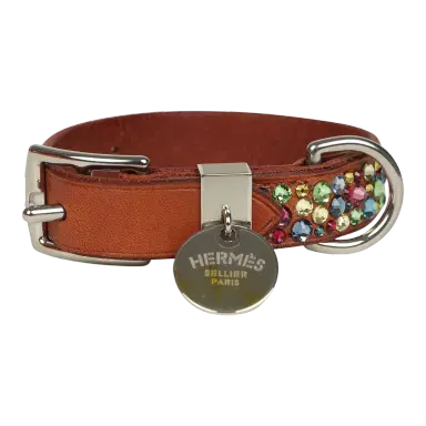 HERMÈS Custom Multicolored Swarovski Crystal Hermes Etriviere III Dog Collar XS Dark Irish Vache Bridle Sterling Silver | Thumbnail 1