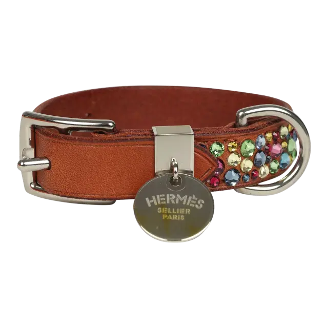 HERMÈS Custom Multicolored Swarovski Crystal Hermes Etriviere III Dog Collar XS Dark Irish Vache Bridle Sterling Silver