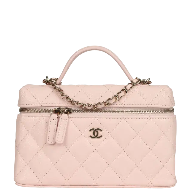 Chanel Chanel Top Handle Long Vanity Case with Chain Light Pink Shiny Caviar Light Gold Hardware