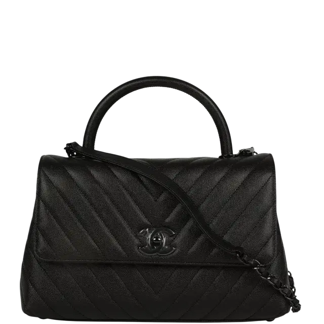 Chanel Chanel Medium Chevron Coco Top Handle So Black Shiny Caviar Black Hardware