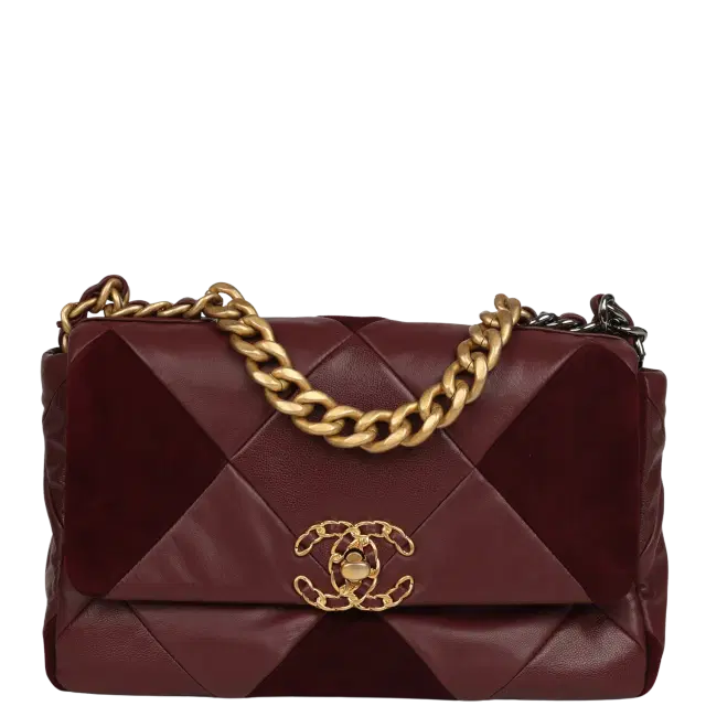 Chanel Medium 19 Flap Bag Burgundy Suede, Shiny Lambskin and Caviar Mixed Metal Hardware Chanel Medium 19 Flap Bag Burgundy Suede, Shiny Lambskin and Caviar Mixed Metal Hardware