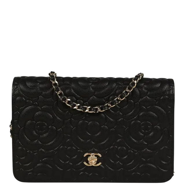 Chanel Camellia Wallet On Chain WOC Black Shiny Caviar Gold Hardware
