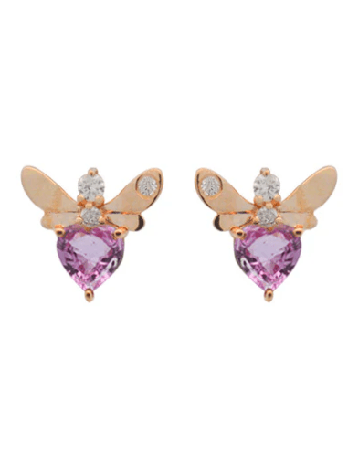 Diamond Pink Sapphire 14K Gold Fly Stud Earrings (In Store)