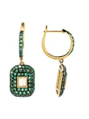 Wish Fine Jewelry Diamond Emerald 18K Gold Pave Round Baguette Drop Earrings (In Store) | Thumbnail 1