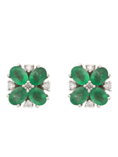 Emerald Diamond 14K Gold Flower Earrings (In Store)