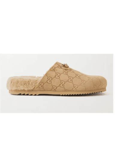Gucci Sol horsebit-detailed debossed shearling-trimmed suede slippers (In Store) | Thumbnail 1