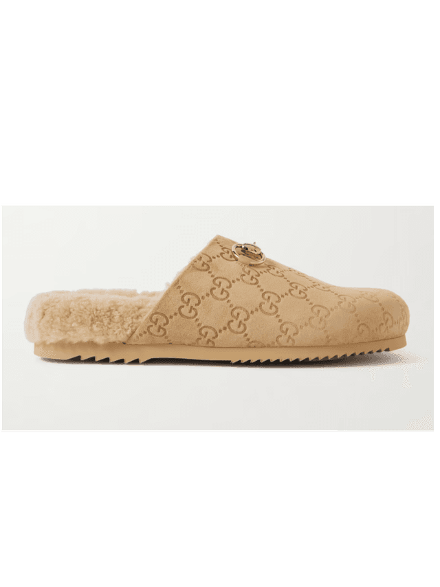 Sol horsebit-detailed debossed shearling-trimmed suede slippers (In Store)