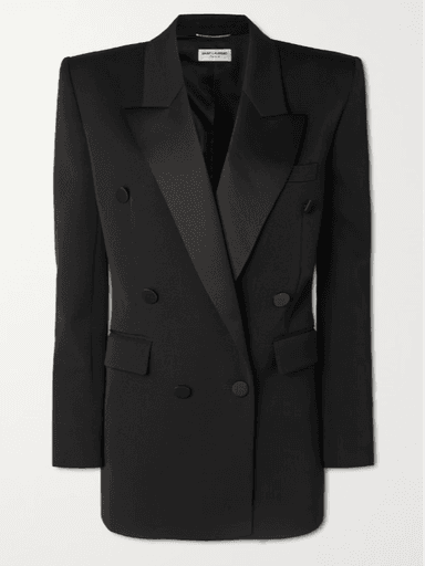 Saint Laurent Double-breasted satin-trimmed grain de poudre wool blazer (In Store) | Thumbnail 1