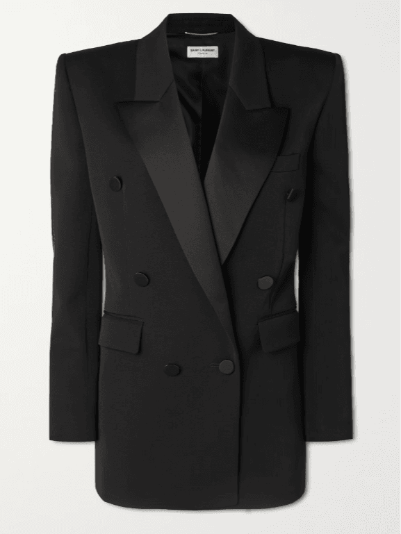 Double-breasted satin-trimmed grain de poudre wool blazer (In Store)