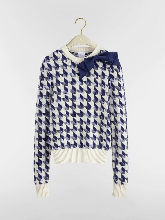Cropped Sweater Navy Blue and White Houndstooth Wool Knit