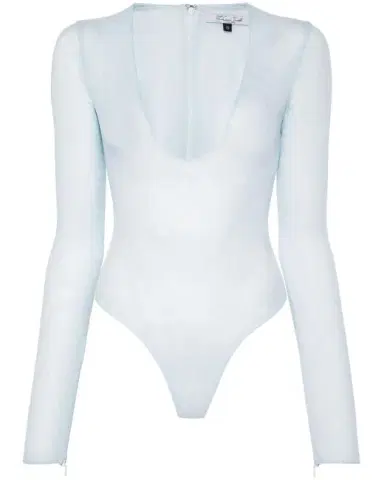 LaQuan Smith  Blue Mesh Plunge Bodysuit | Thumbnail 1
