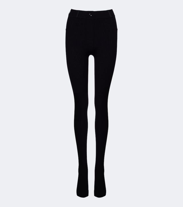 Leather-trimmed ribbed-knit leggings