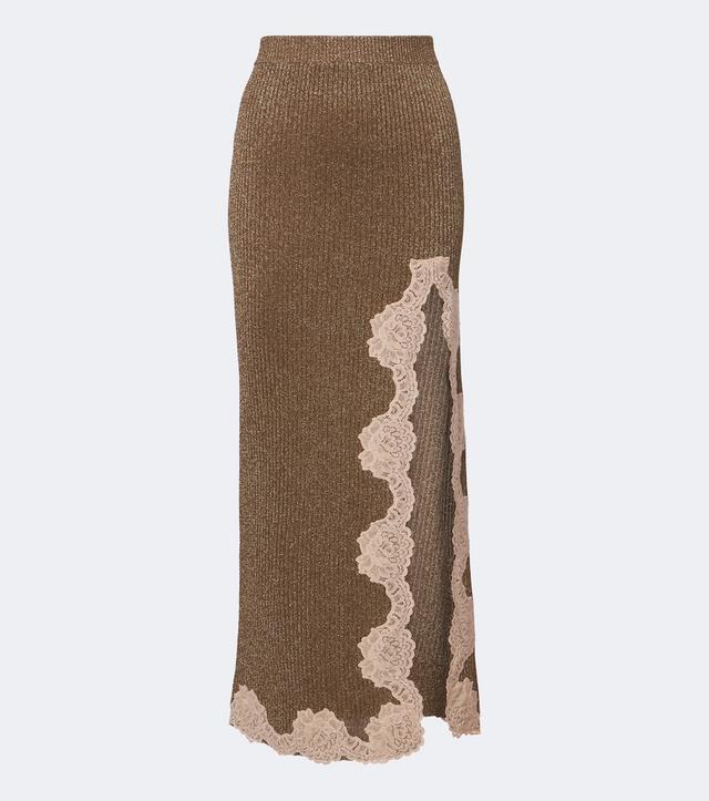 Valentino Lace-trimmed ribbed-knit lamé maxi skirt