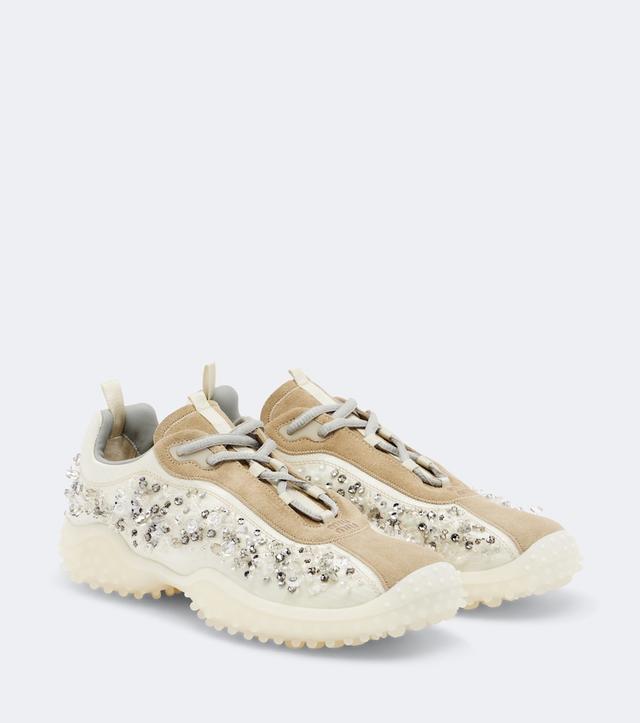 Bubble embellished suede-trimmed sneakers