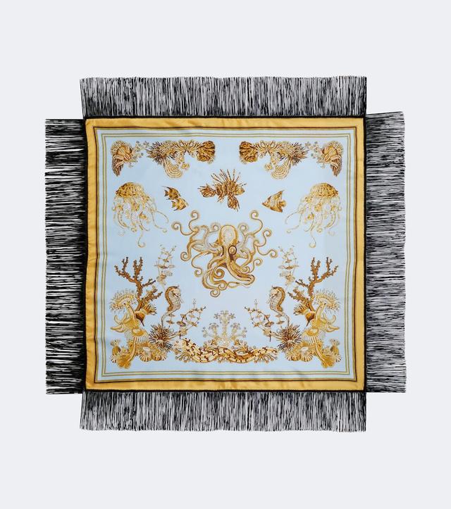 Fringed printed silk twill scarf