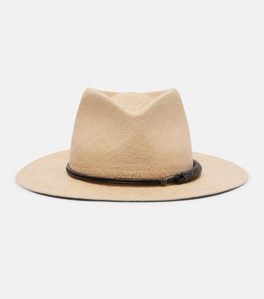 Brunello Cucinelli Monili leather-trimmed straw fedora hat | Thumbnail 1