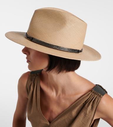 Brunello Cucinelli Monili leather-trimmed straw fedora hat | Thumbnail 5