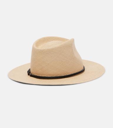 Brunello Cucinelli Monili leather-trimmed straw fedora hat | Thumbnail 2