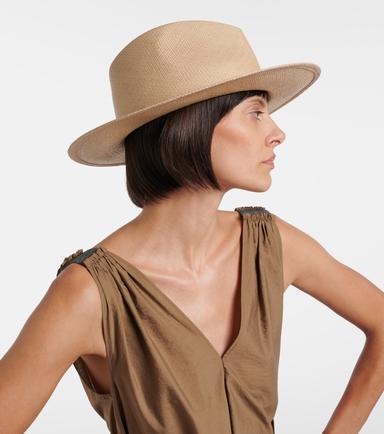 Brunello Cucinelli Monili leather-trimmed straw fedora hat | Thumbnail 4