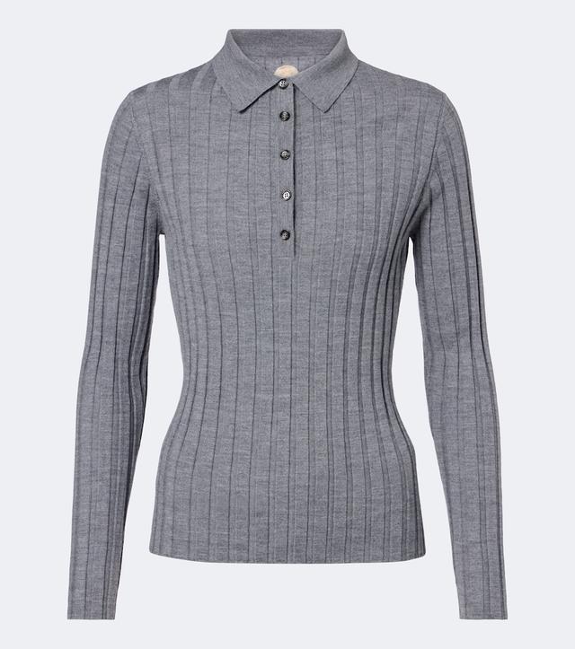 Ribbed-knit virgin wool polo sweater