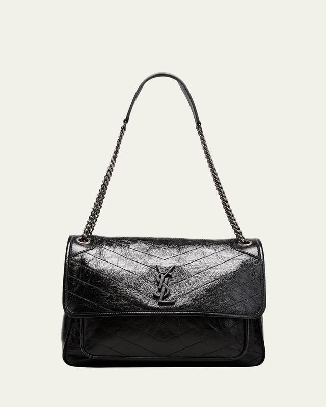 Niki Large Flap YSL Shoulder Bag in Crinkled Leather