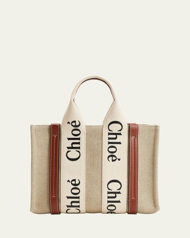 Chloe Woody Small Tote Bag in Linen with Crossbody Strap