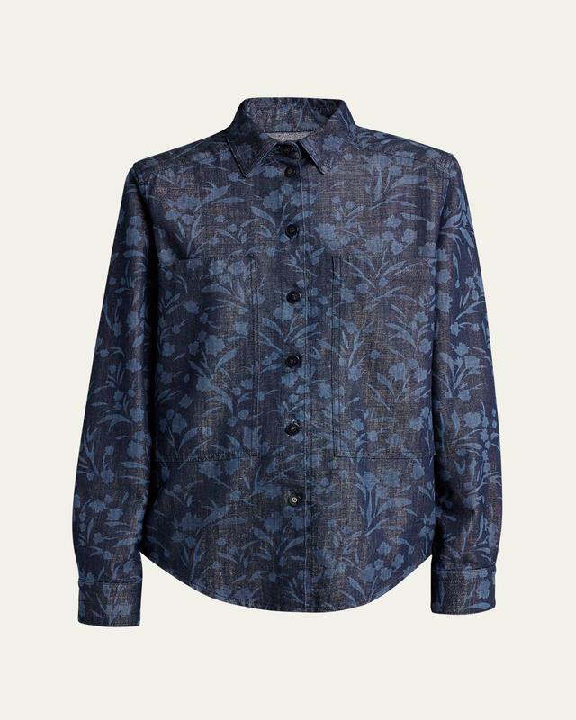 Giorgio Armani Shiny Denim Floral Print Button-Front Shirt