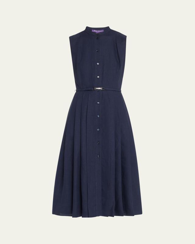Ralph Lauren Collection Freida Pleated Leather Belt Midi Linen Dress