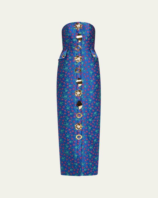 HARBISON Quanta Floral Brocade Strapless Buttoned Gown