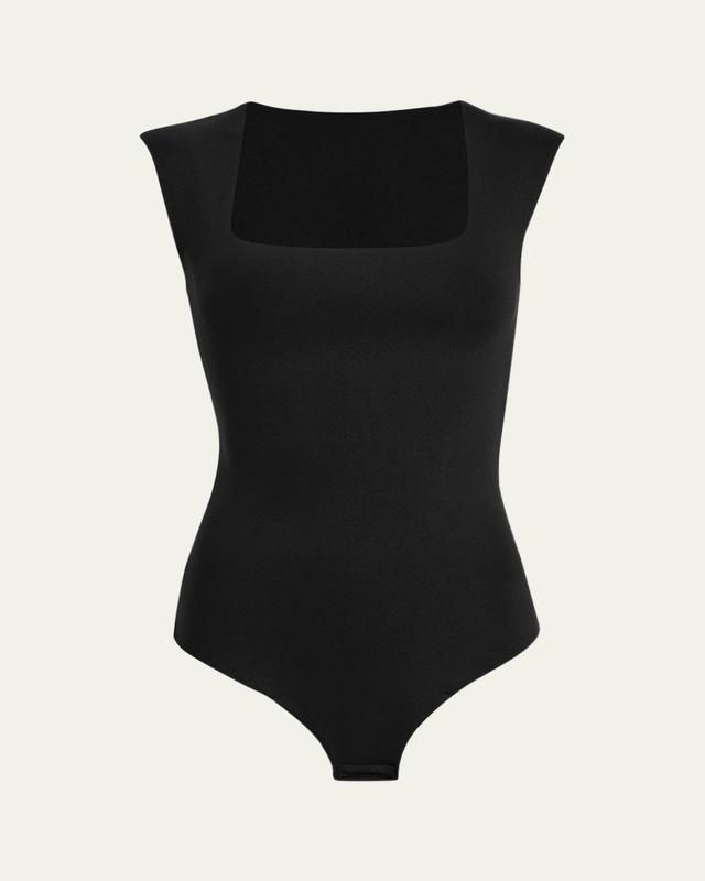 Cap-Sleeve Neoprene Thong Bodysuit