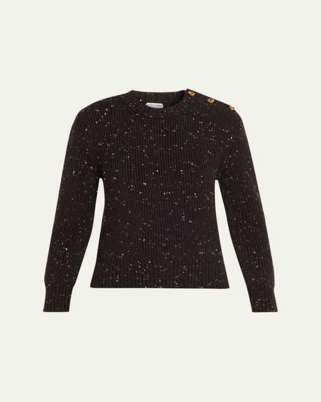 Button-Shoulder Speckled Rib Crewneck Sweater