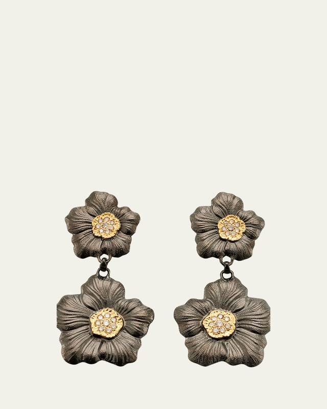 Buccellati Blossom Gardenia Burnished Silver, Gold, Brown Diamond Drop Earrings
