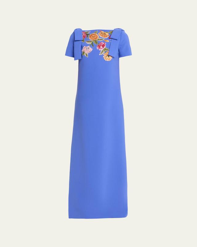 Embroidered Bow-Shoulder A-Line Gown