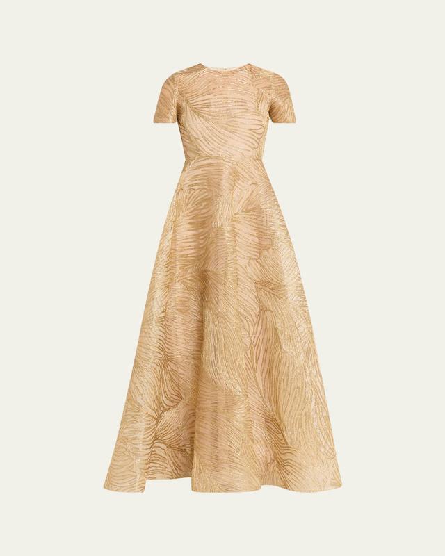 Naeem Khan Metallic Raffia Embroidered Short-Sleeve Gown