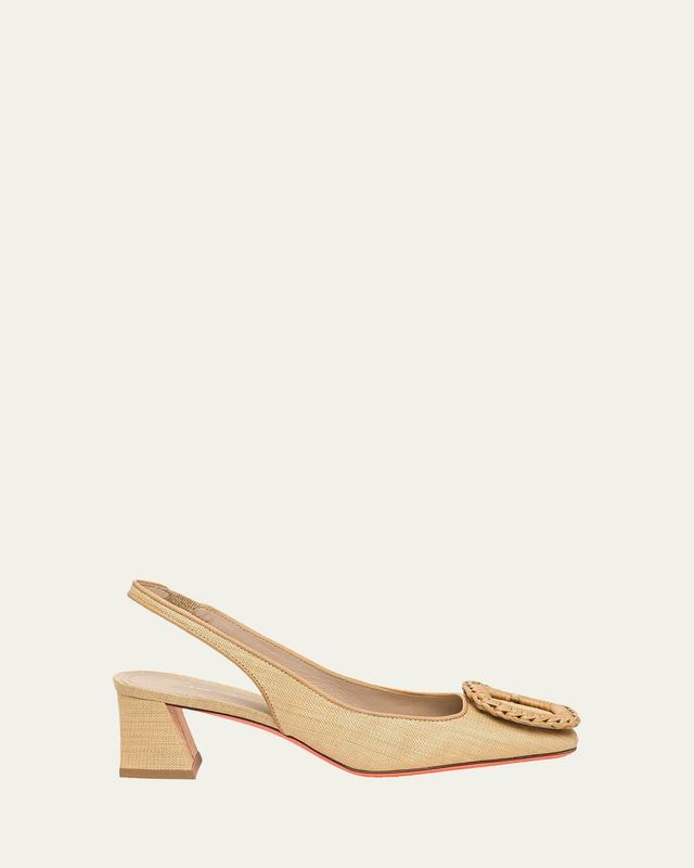 50mm Lemon Raffia and Leather Slingback Pumps