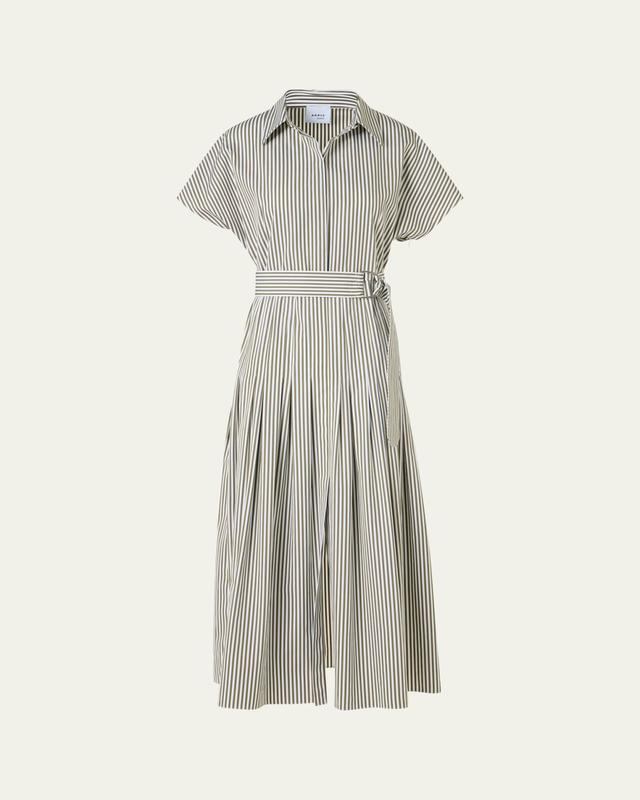 Akris punto Cap-Sleeve Belted Cotton Poplin Pleated Midi Shirtdress