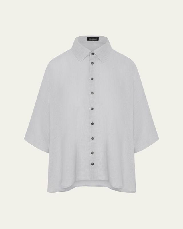 Sloped Shoulder Wide A-Line Short Sleeve Shirt With Collar - Mid Length