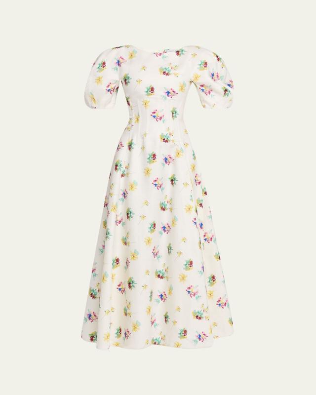Ranya Puff-Sleeve Mia's Flowers-Print Linen Maxi Dress
