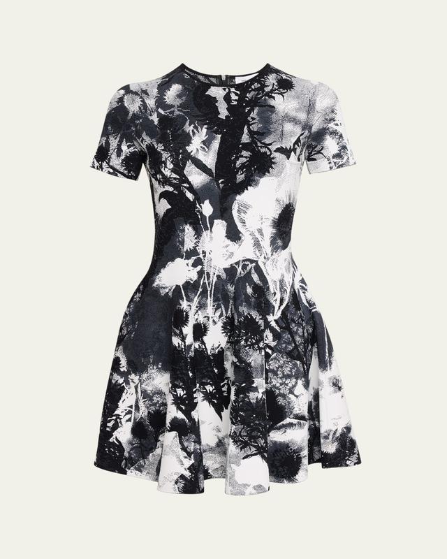 Floral Jacquard Short-Sleeve Mini Dress