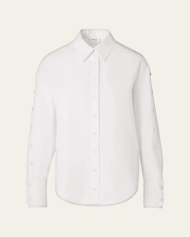Akris punto Snap-Sleeve Cotton Poplin Button-Down Blouse