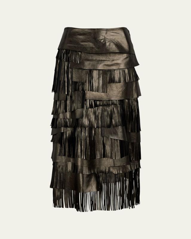 Metallic Leather Tiered Fringe Midi Skirt