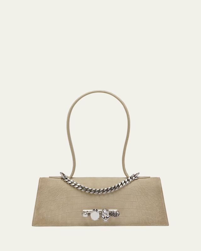 McQueen Jewelled Croc-Embossed Suede Top-Handle Bag