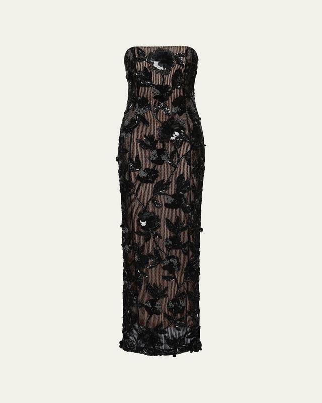 Rachel Gilbert Pierre Strapless Embroidered Tulle Column Gown