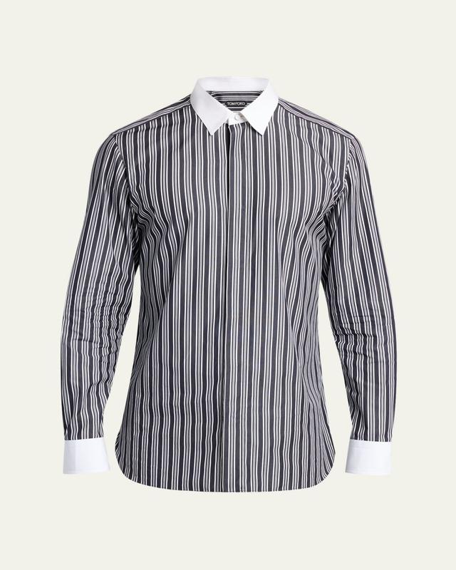 TOM FORD Men's Cotton Multi-Stripe Contrast-Trim Sport Shirt