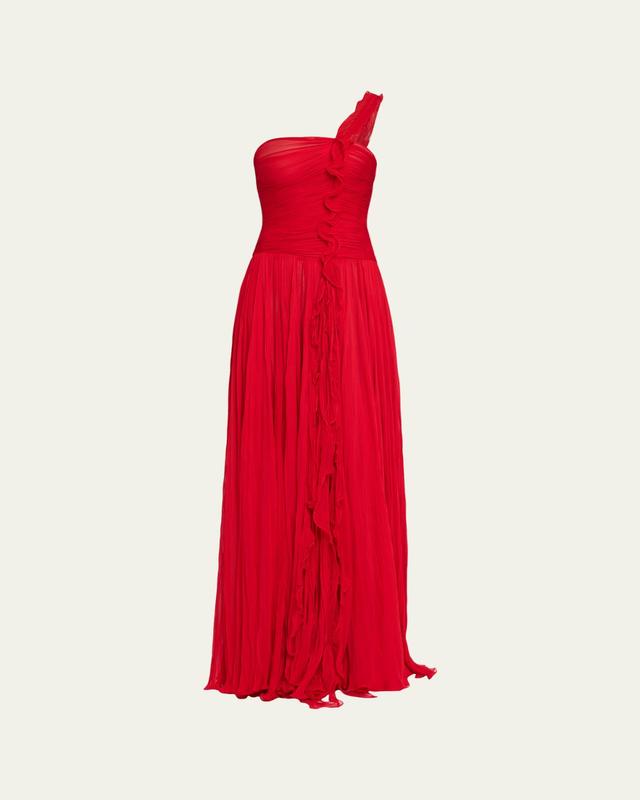 MARMAR HALIM One-Shoulder Silk Georgette Ruffle Gown