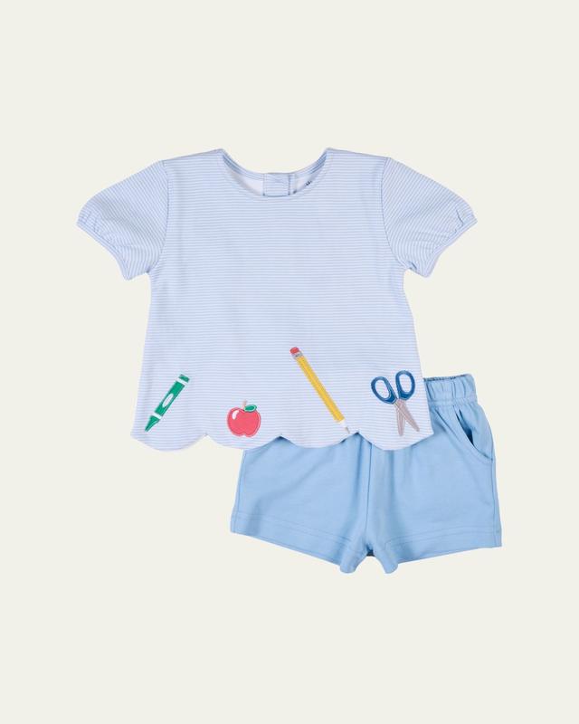 Florence Eiseman Girl's School Supplies Applique T-Shirt & Shorts Set, Size 2T-6