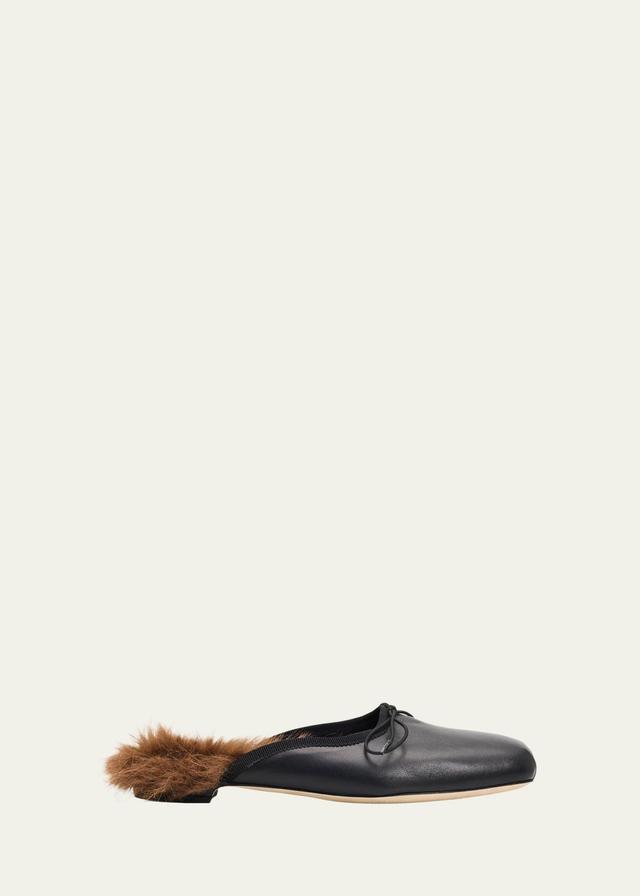 Faux Fur Lined Leather Ballerina Mules